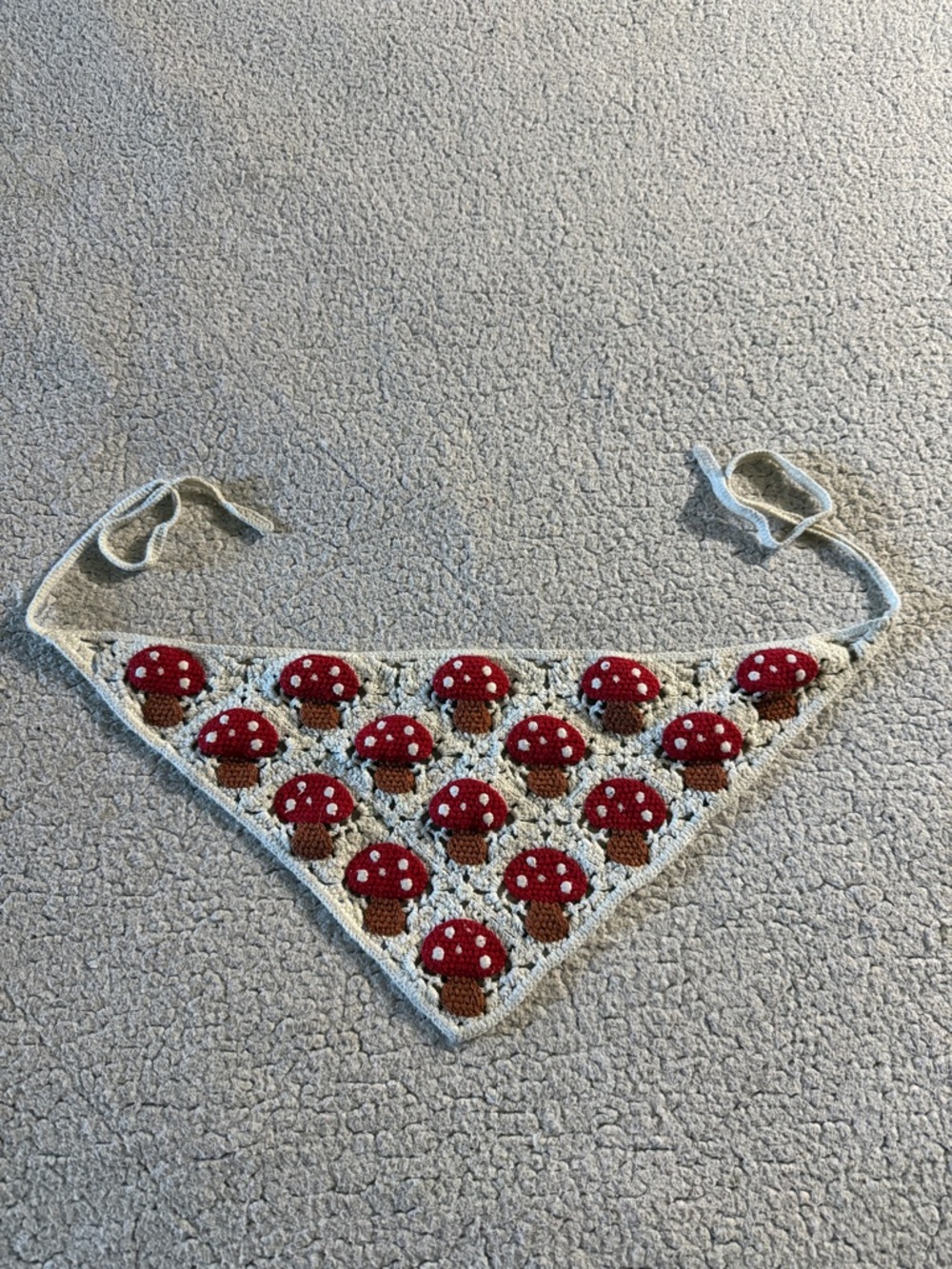 Crochet Triangle Scarf Wrap with Red Mushroom Motifs